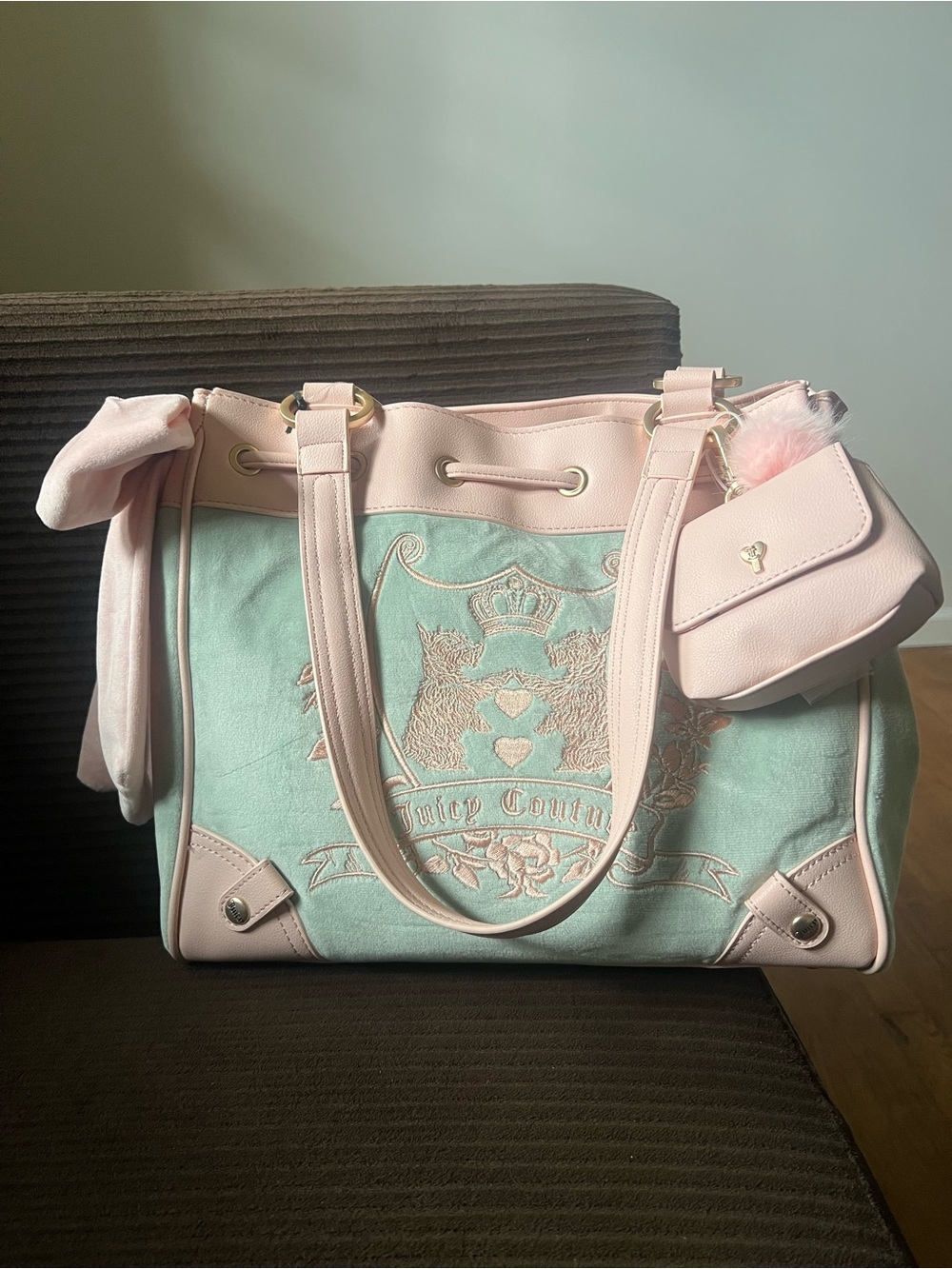 Juicy Couture Mint Canvas Tote with Pale Pink Trim and Pouch